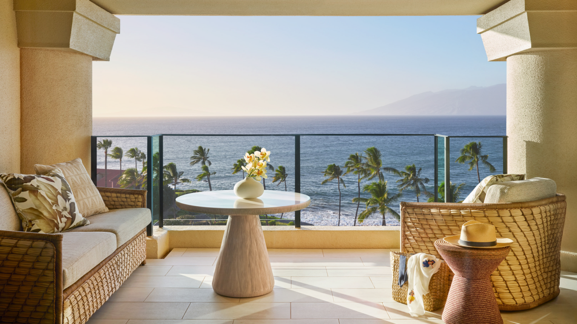 seats on verandah overlooking the ocean at Four Seasons Resort Maui at Wailea debuts the Club Floor,
