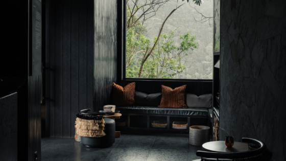 black walls and floors with view over rainforest at Silverback Lodge, Uganda