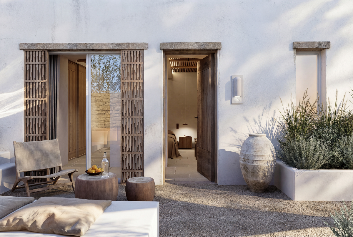 Méros leans into the language of the Aegean, whitewashed contours, hand-cut stone, generous arcs of light, yet resists the expected clichés