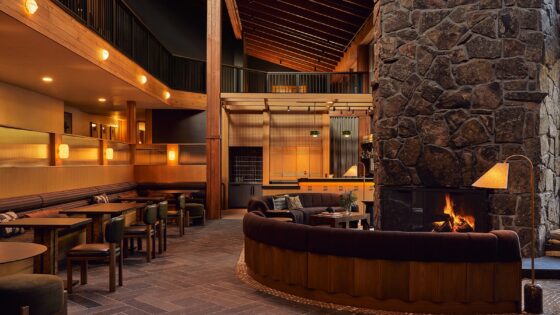 wood and stone interior surfaces in the Trailborn Jackson Hole_Lobby_Credit Christian Harder, Courtesy of Tra
