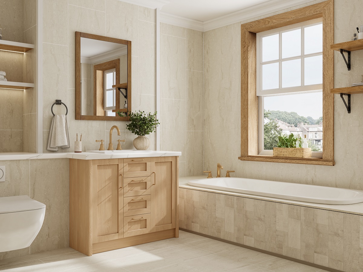 stepguard vinyl flooring creates natural surface look in bathroom
