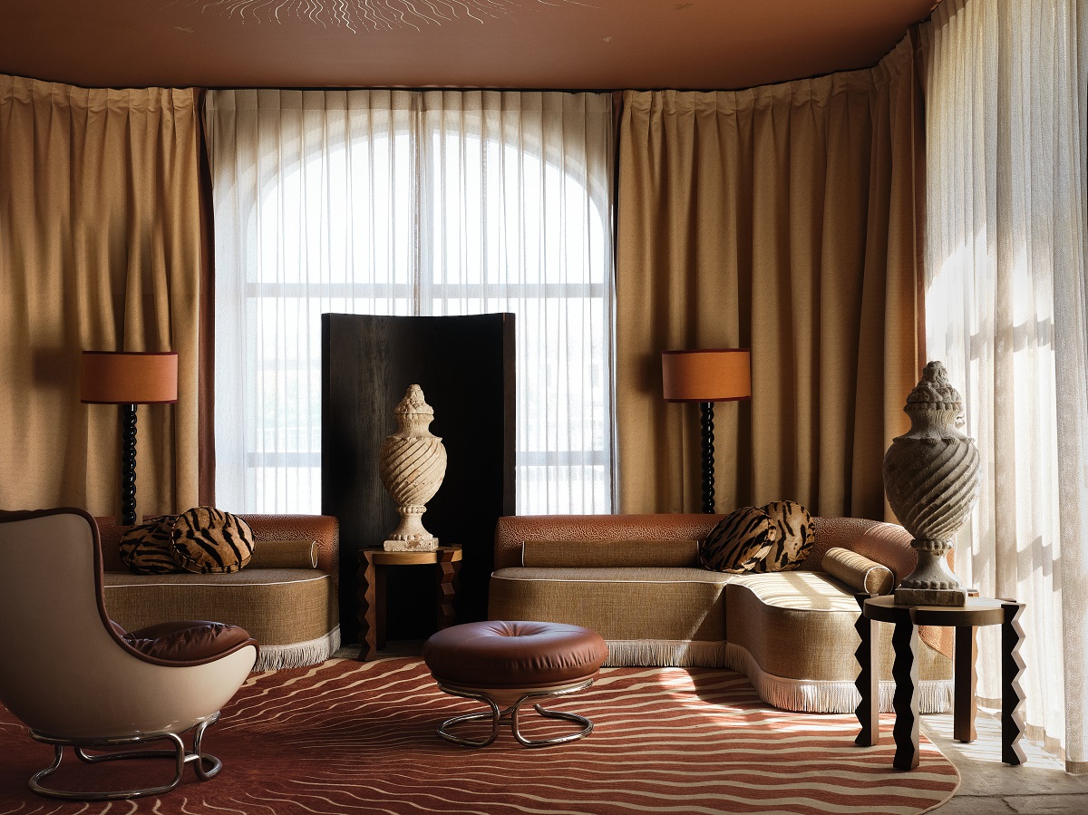 classical vase, mid century furniture in eclectic design of villa augusta