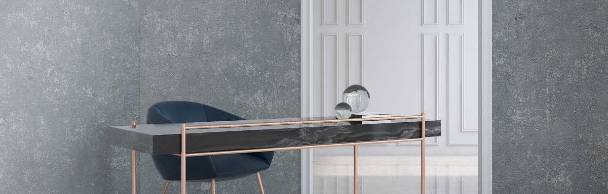 Aurelia wallcovering behind desk in room set desk
