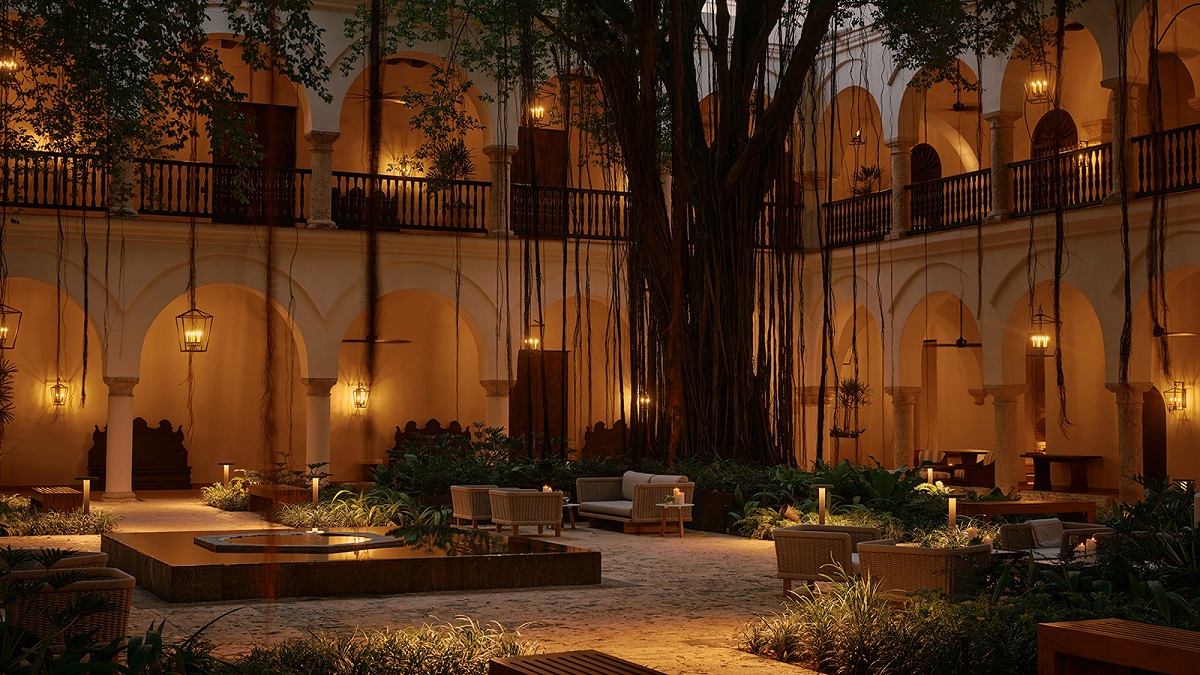 evening lights in open air courtyard atFour Seasons Hotel and Residences Cartagena