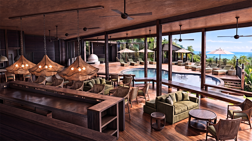 wooden deck with bar, pool and sea view