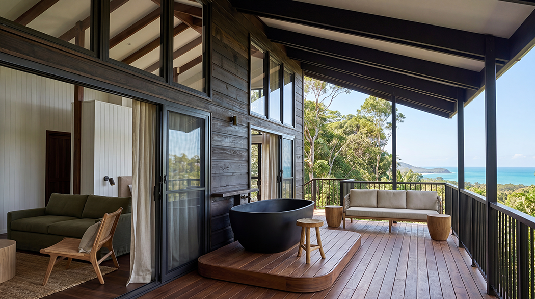 freestanding open air bath on balcony
