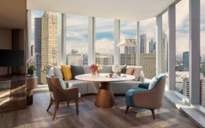 Manila city skyline from the Junior Suite Living and Dining area at Mandari