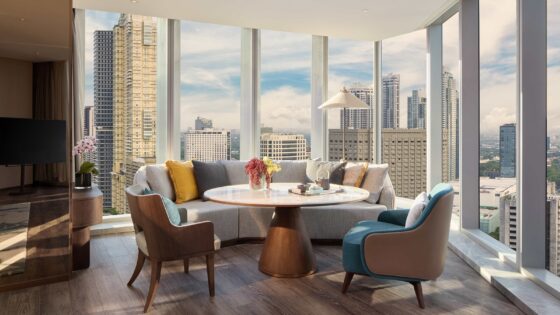Manila city skyline from the Junior Suite Living and Dining area at Mandari