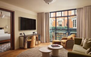 Bespoke switches and socket outlets in Focus SB Ambassador Square faceplate style are specified to complement eclectic interior details of guest rooms and suites of London’s newest hotel, The Newman Fitzrovia.