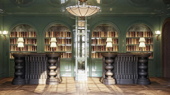 lobby with bookshelves behind reception desks and centred feature light in Fairmont Cheshire, The Mere