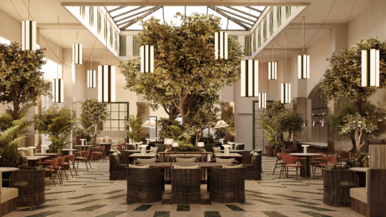 central double volume atrium and dining space with tree in the middle - CORI Hornbæk Hotel