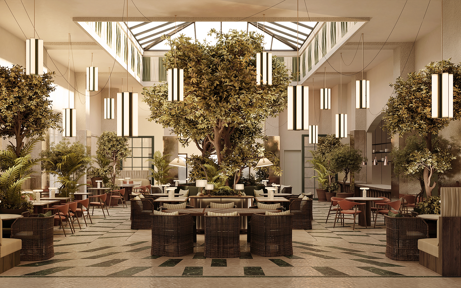 central double volume atrium and dining space with tree in the middle - CORI Hornbæk Hotel