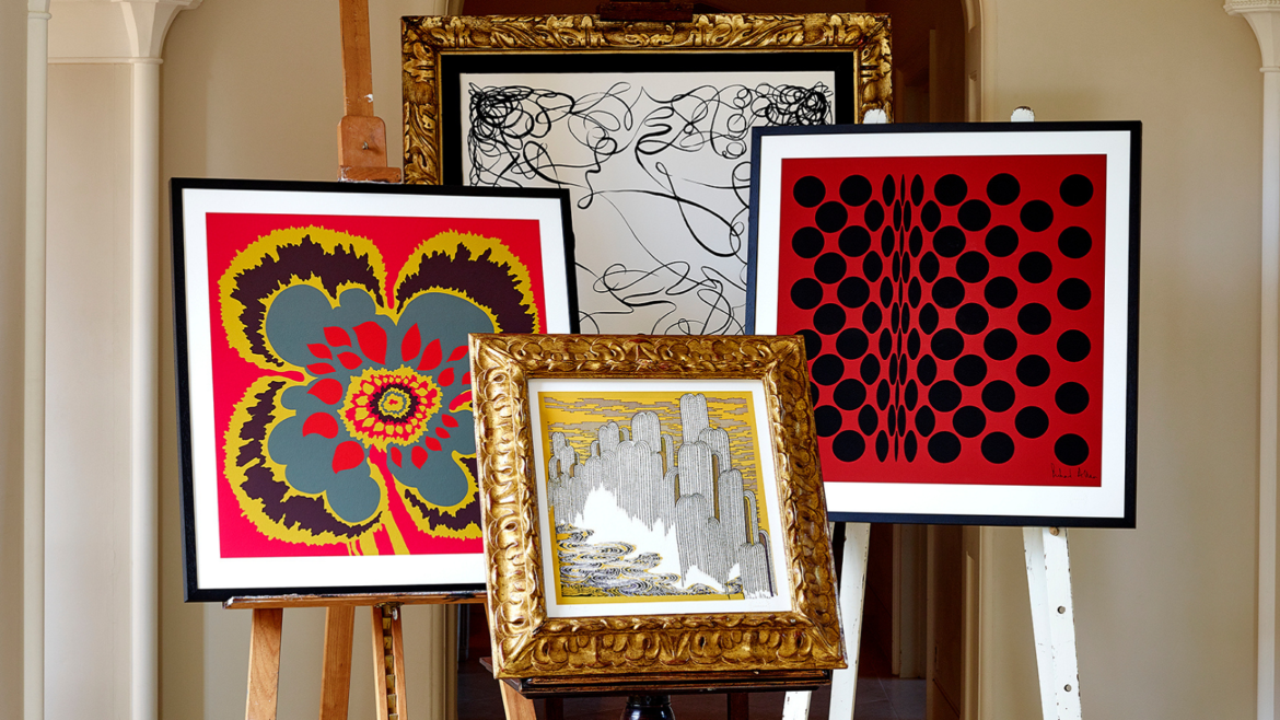 Collection of Richard Allan London scarf prints on easels