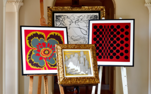 Collection of Richard Allan London scarf prints on easels