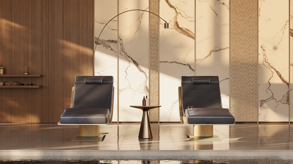 2 HArmony lounge spa chairs from Lemi alongside spa pool