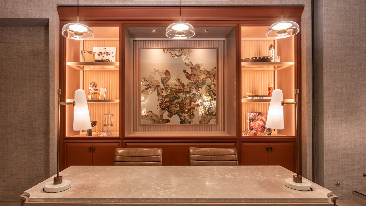 glass ceiling pendants by Northern Lights over reception table