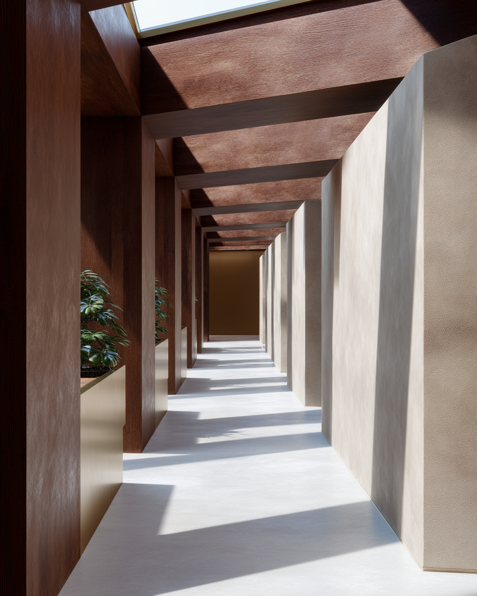 shadows and pillars in the transitional corridor
