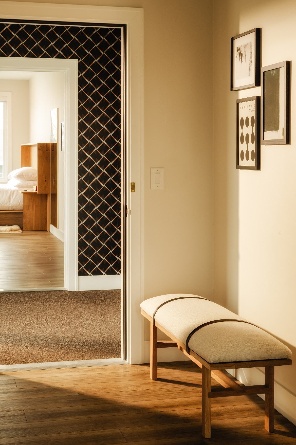 hotel hallway with bespoke design details and bench
