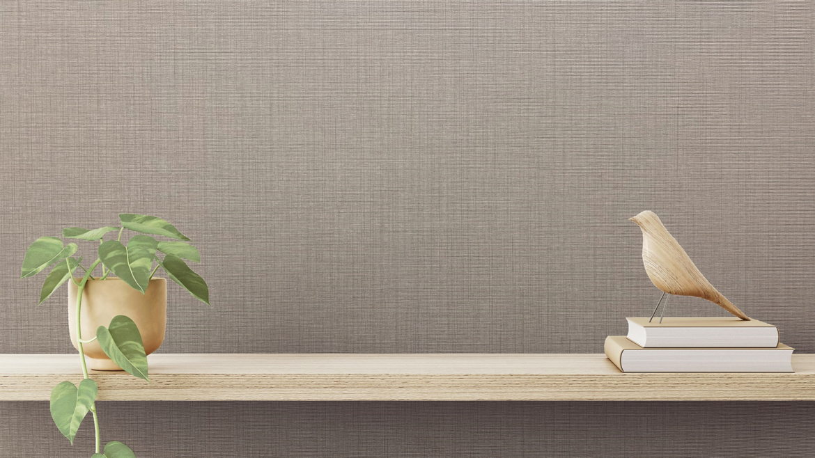 muraspec wallcovering behind wooden shelf with plant and wooden bird