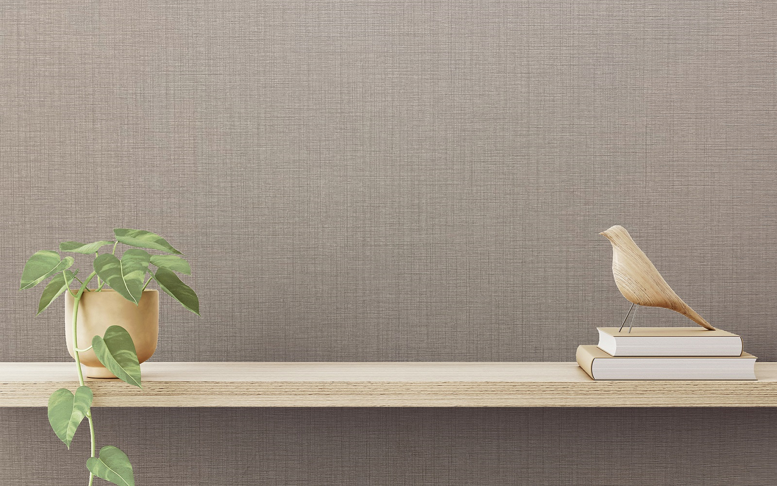muraspec wallcovering behind wooden shelf with plant and wooden bird