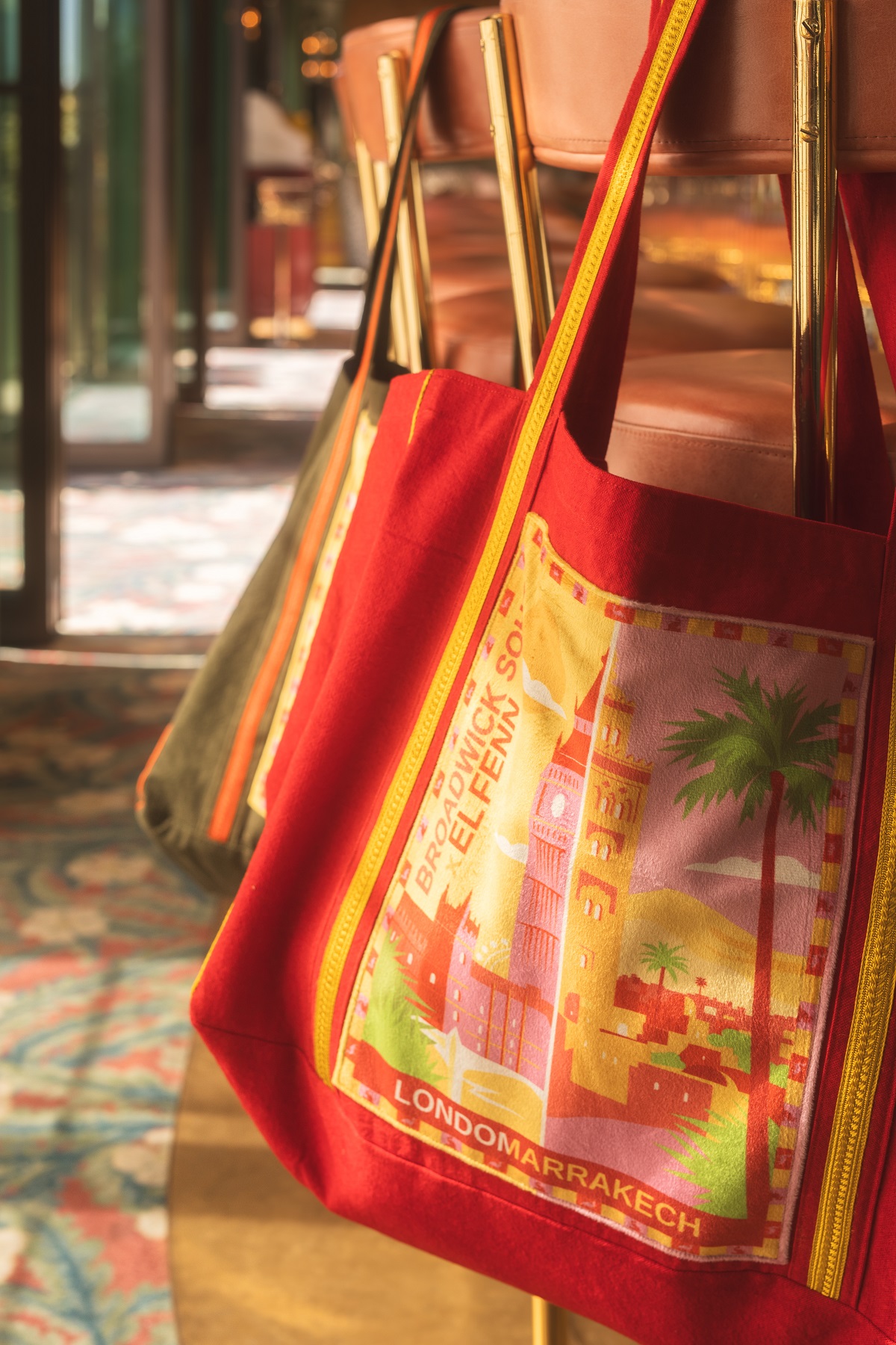 London Marrakech tote bag over chair at Broadwick Soho