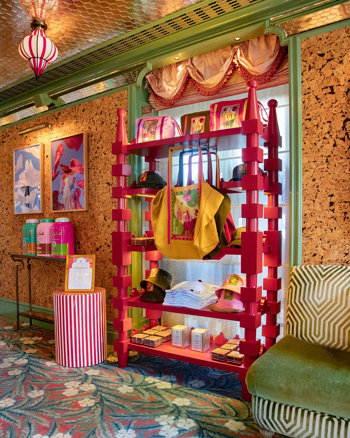 ornate red shelf in Broadwick Soho with El Fenn inspired merchandisse