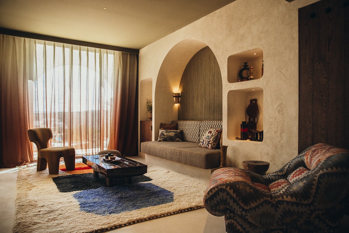 seating on abstract moroccan carpet in guest suite ibiza