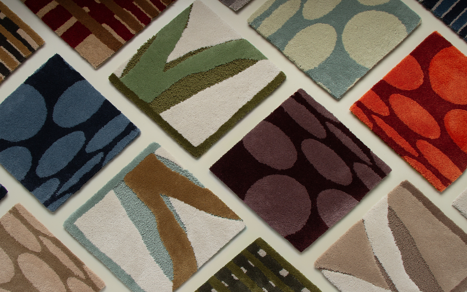 flat lay carpet samples from new collection from Richard Allan London and Roger Oates