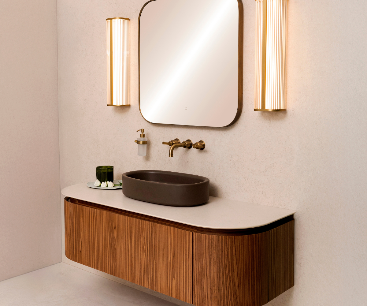 wood vanity with mirror flanked with lighting from Sanipex