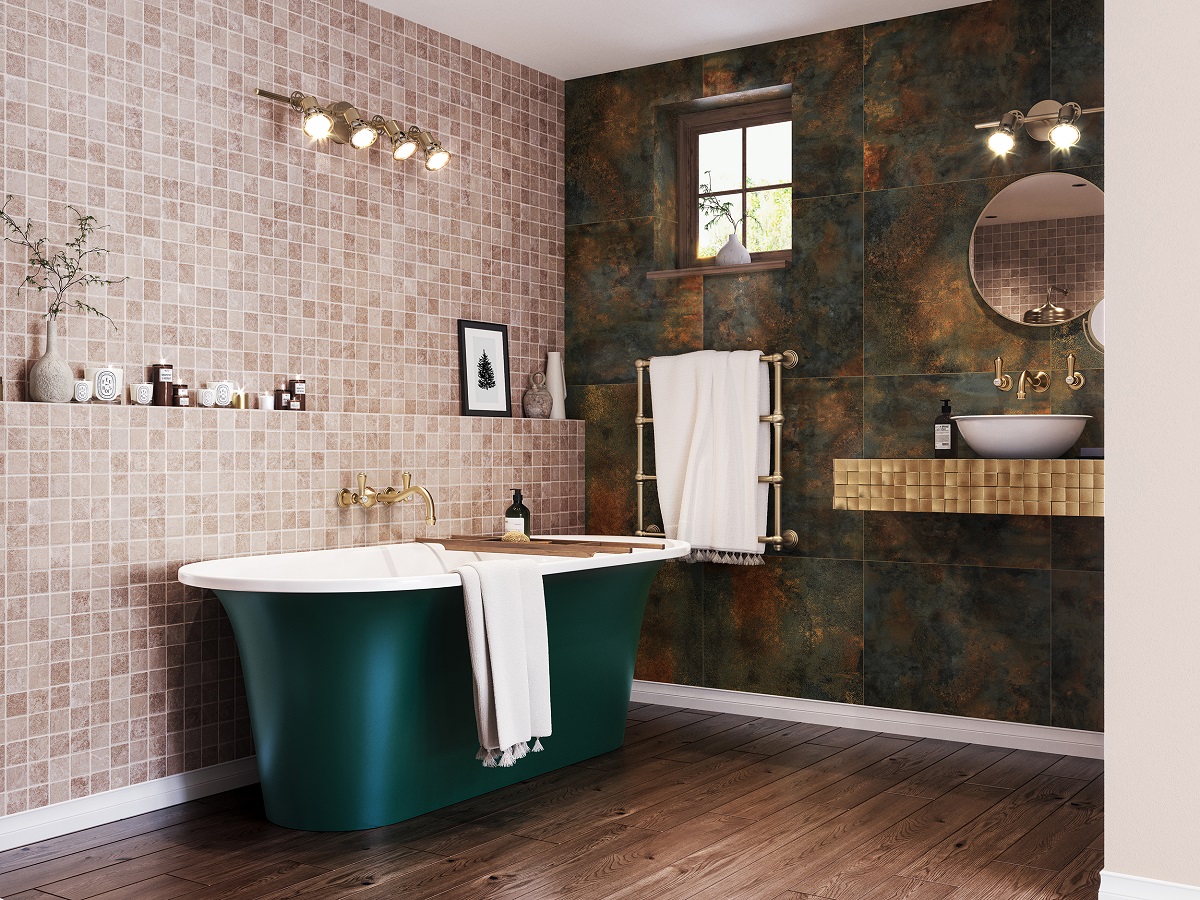 bathroom with brass fittings and blue bath