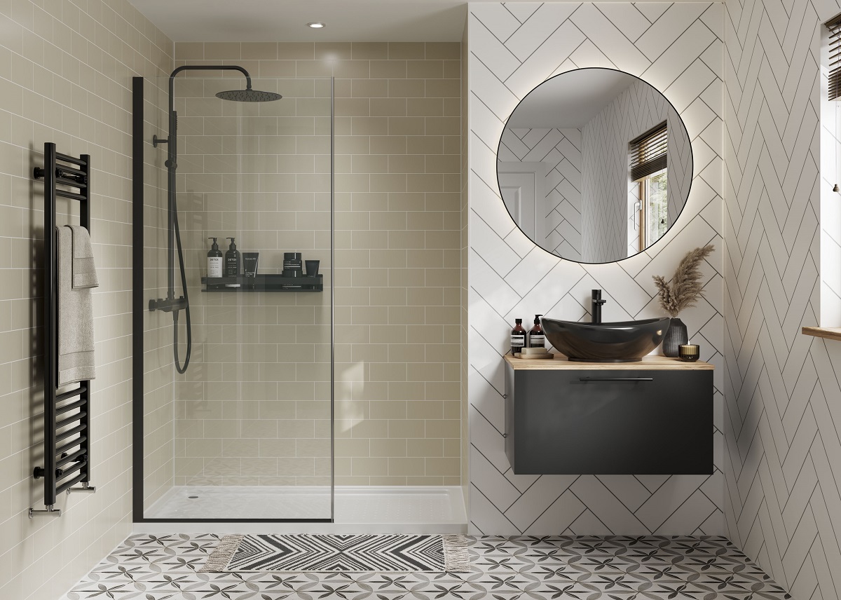 grey and white bathroom with walk in shower and herringbone style white wall panels