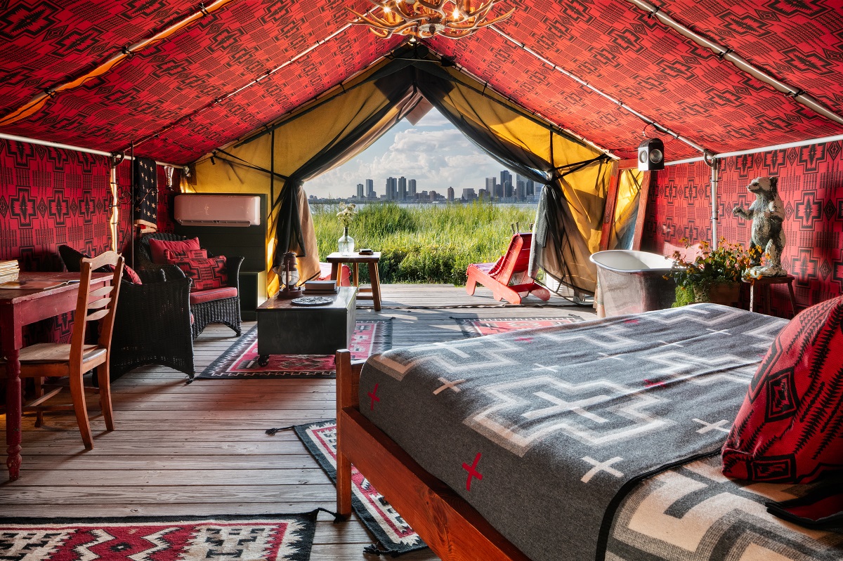 view from inside glamping tent with view of Statue of Liberty
