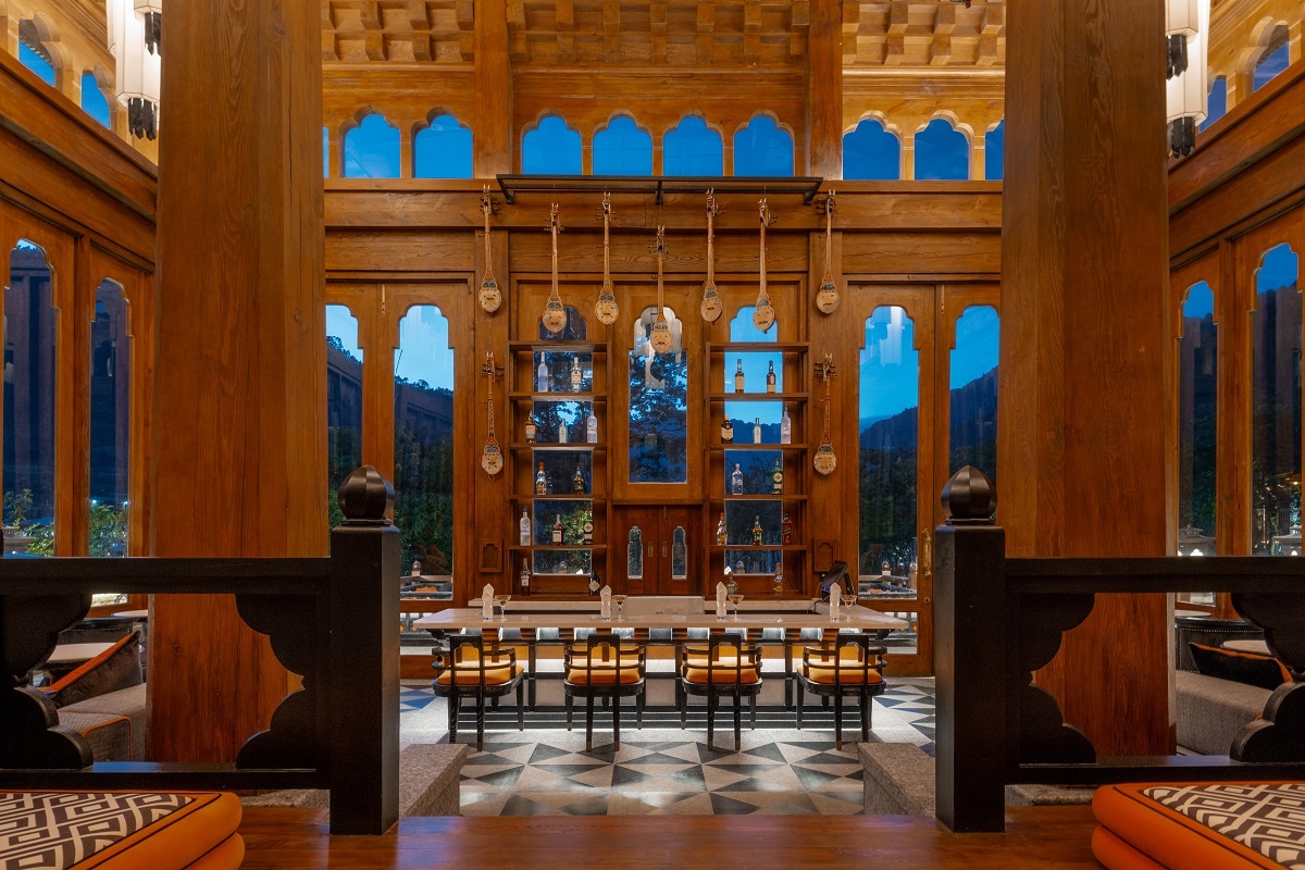 interior view of Five Nectars bar with Bhutanese details and decorations