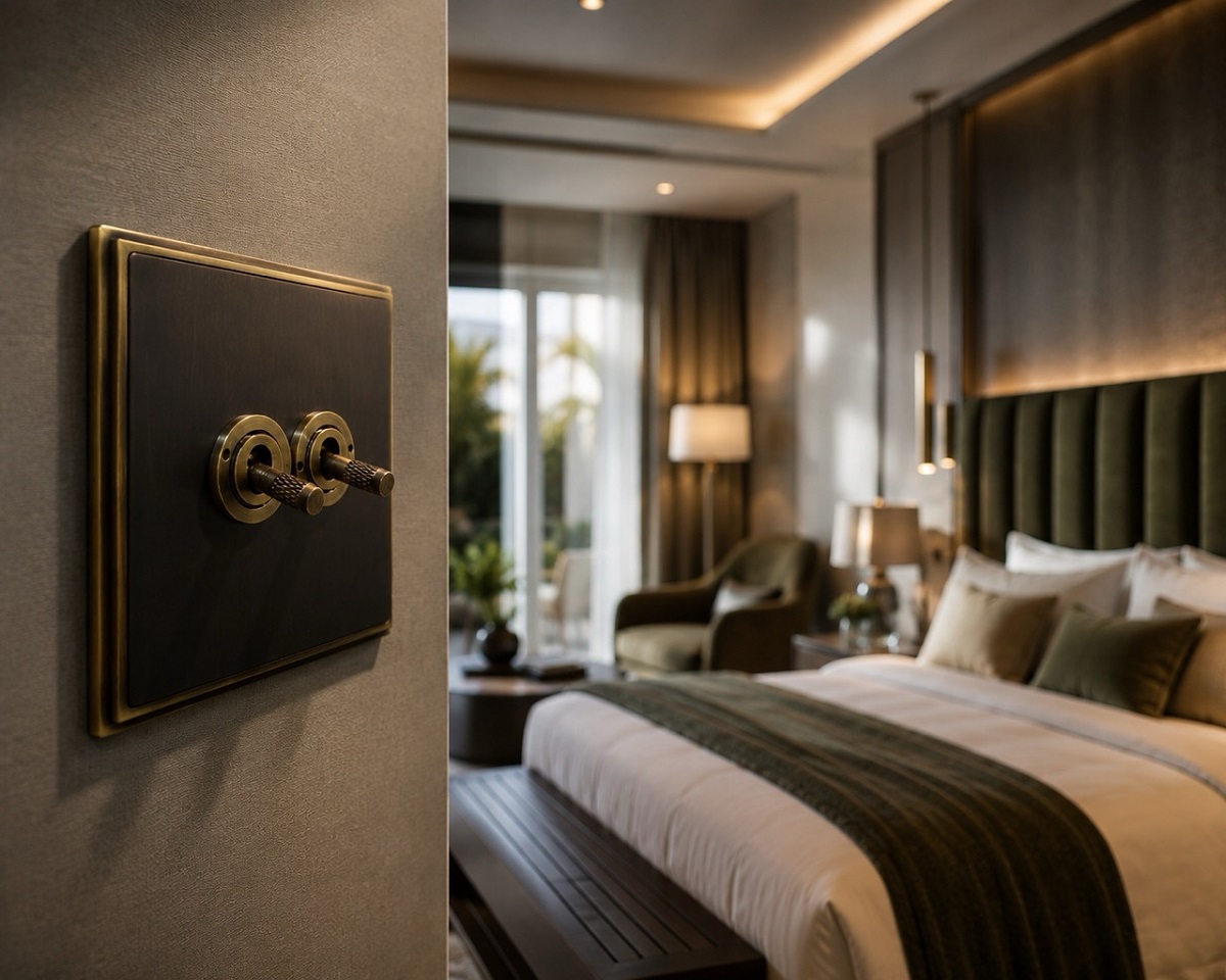 light switches on the wall leading into hotel guestroom