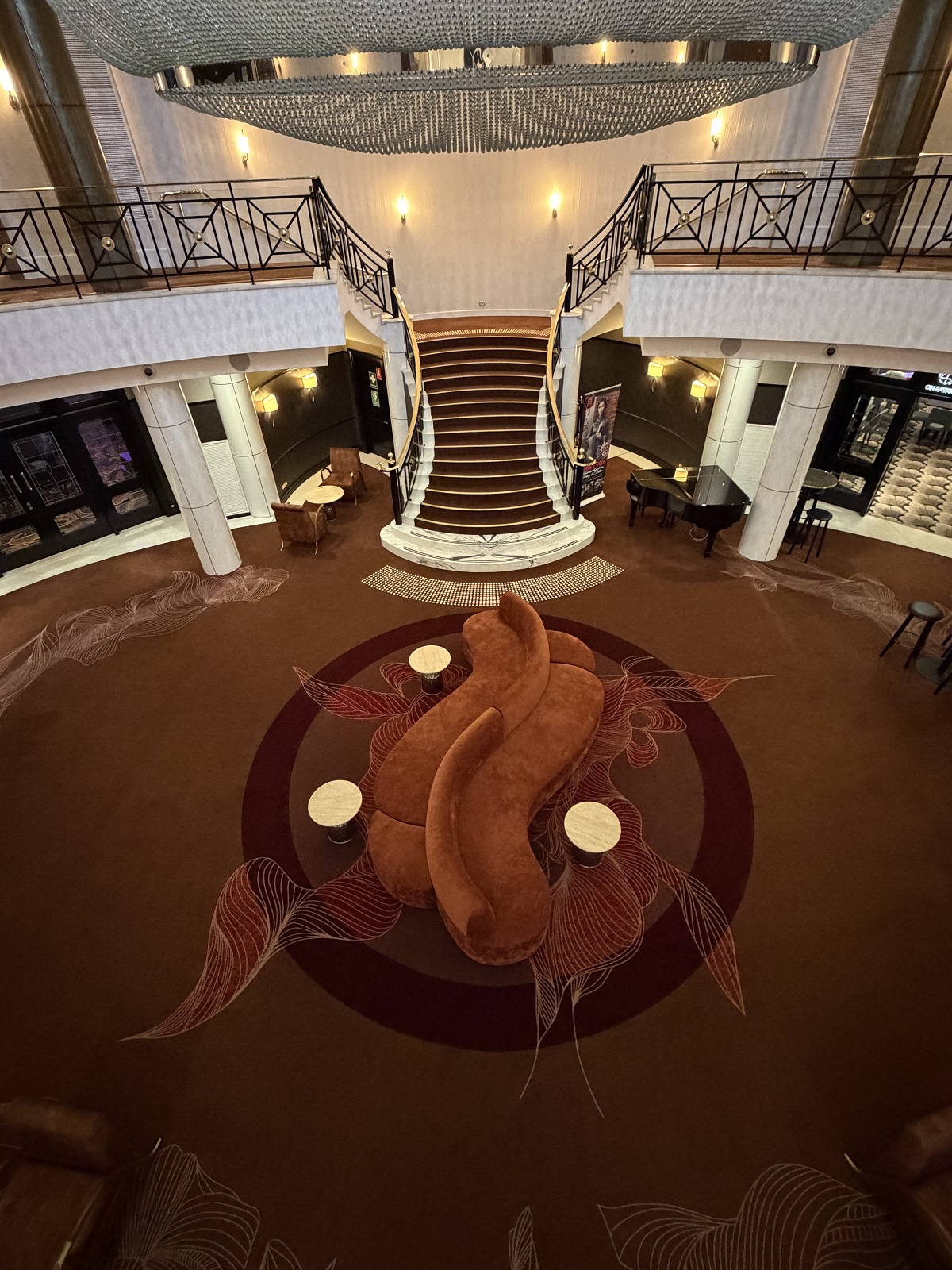 aerial view from chandelier looking down at bespoke carpet