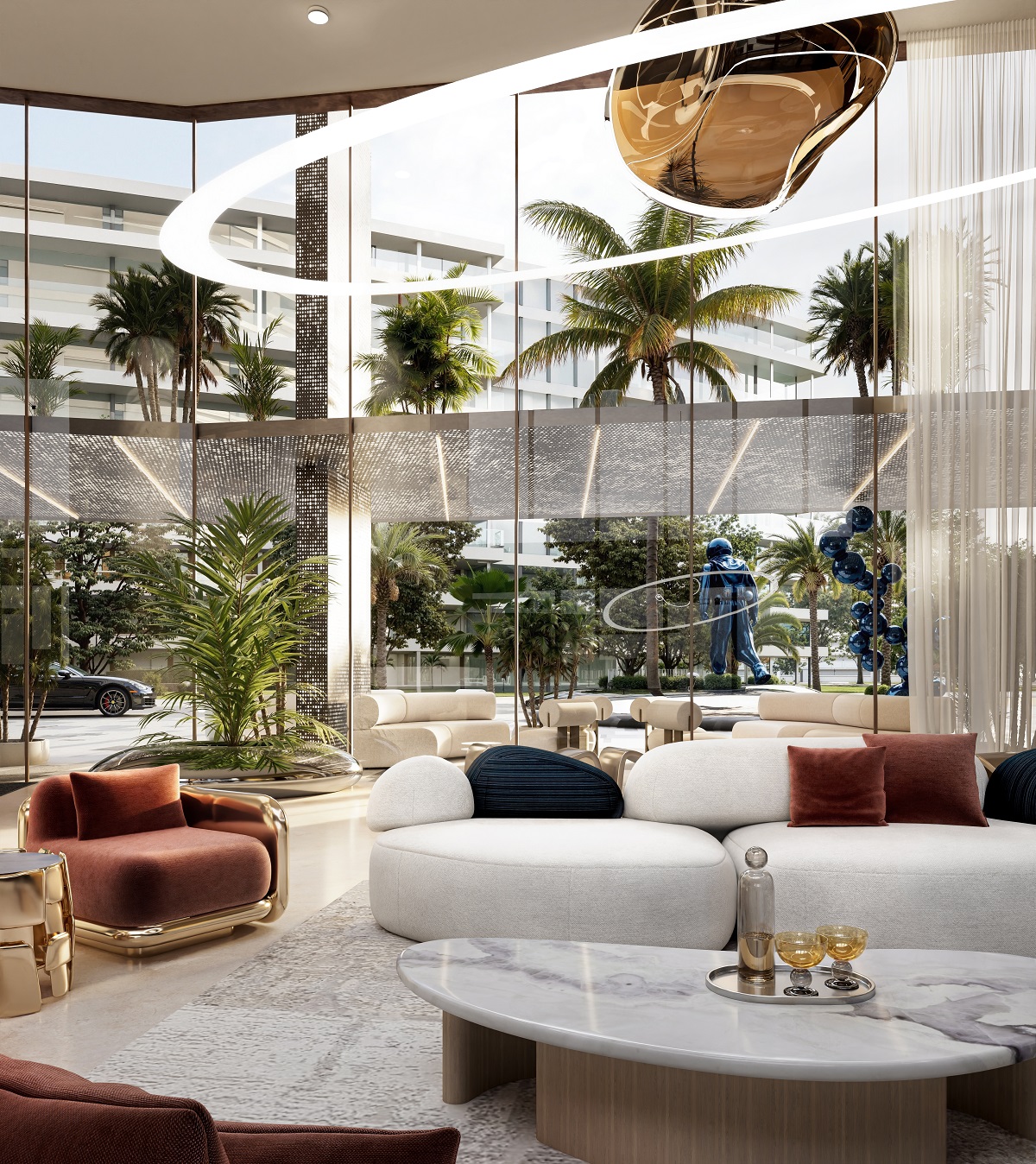 organic shapes in the supended lighting and curved soft edges on the seating in the hotel lobby Mondrian Al Marjan Island Beach Residences