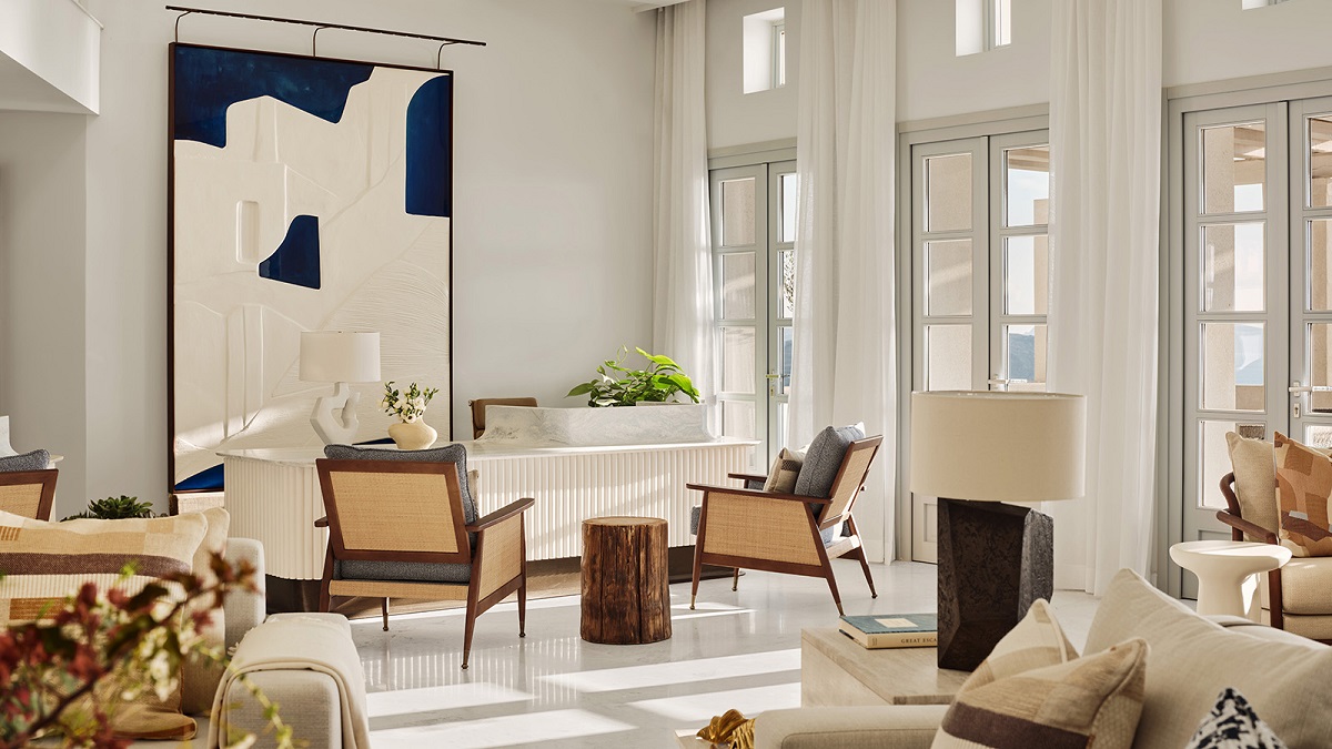 white interior with natural wood accents in Four Seasons Mykonos