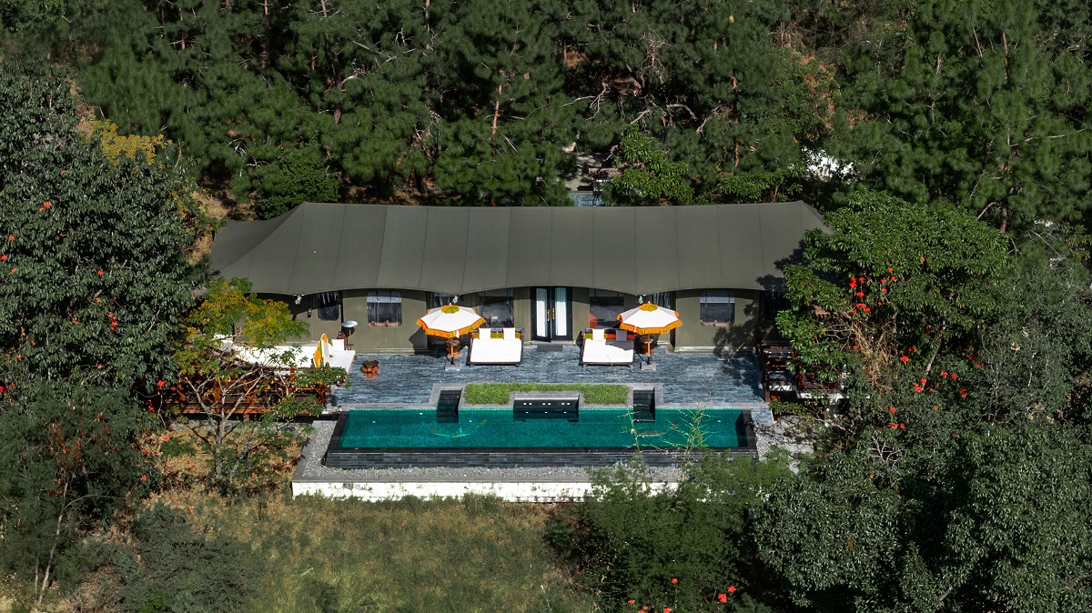 aerial view of Pemako Punakha Presidential Suite_Three bedroom Villa with pool amongst trees