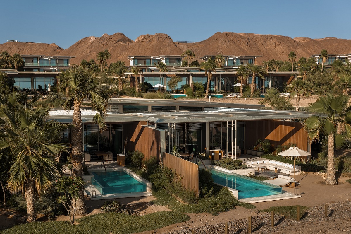 view into private suites with pools at Rosewood Amaala