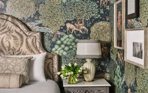 bedroom detail at The Inn on Biltmore with morris wallpaper and upholstered bedhead - design by ROAM