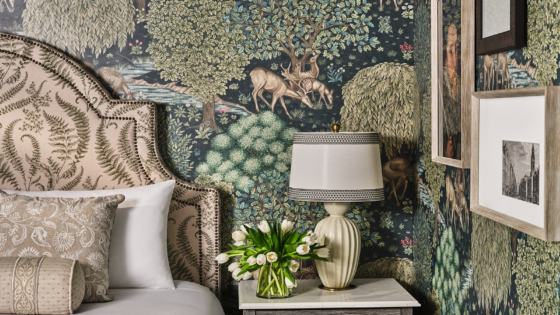 bedroom detail at The Inn on Biltmore with morris wallpaper and upholstered bedhead - design by ROAM