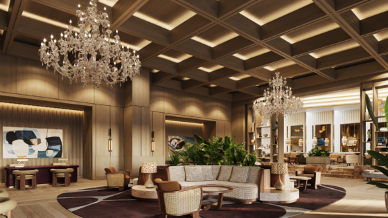 coffered ceiling and chandelier in The Hari Singapore