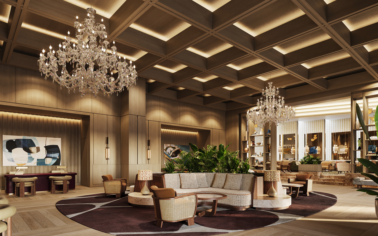 coffered ceiling and chandelier in The Hari Singapore