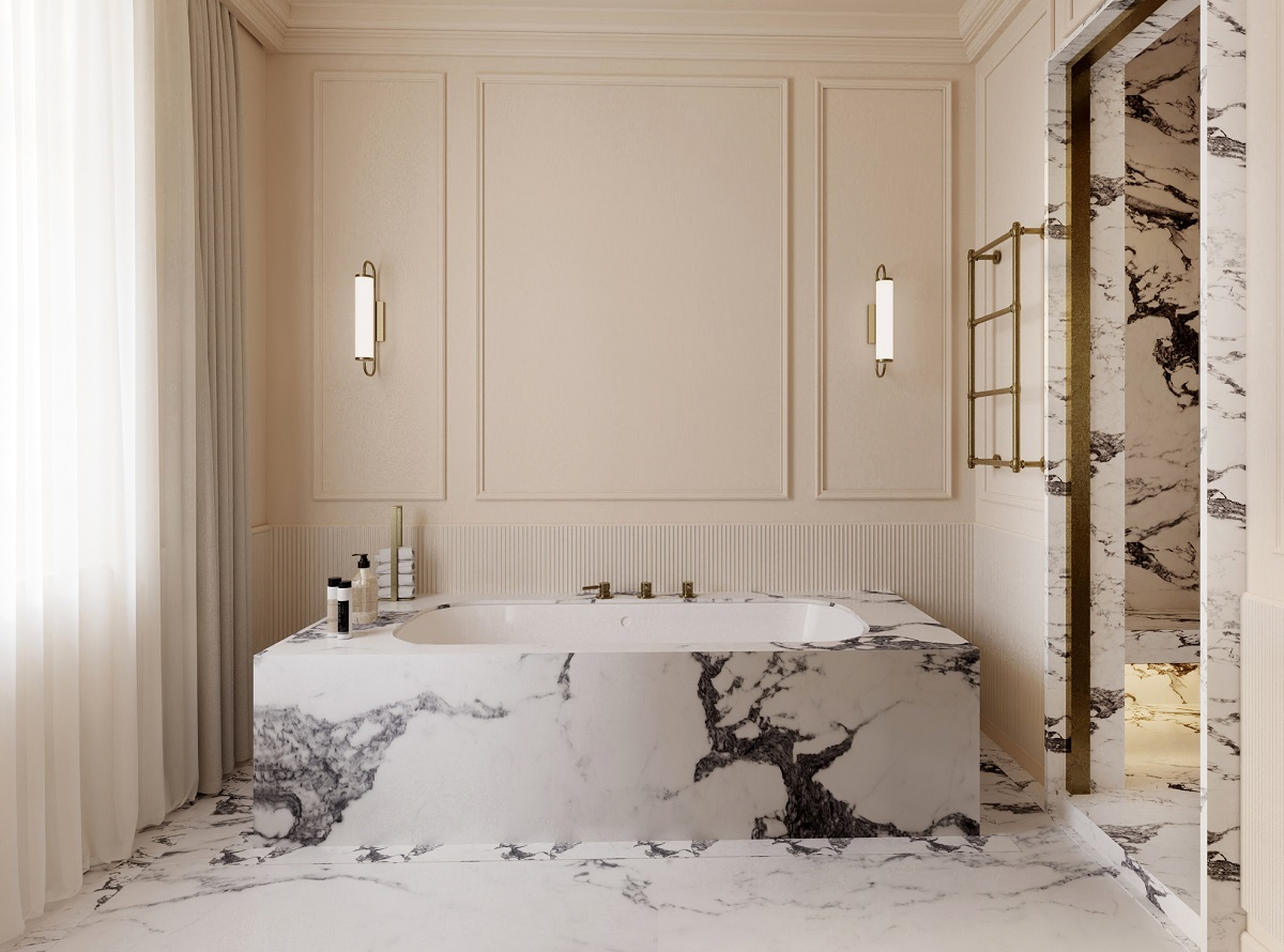 black and white marble bath in front of panelled wall