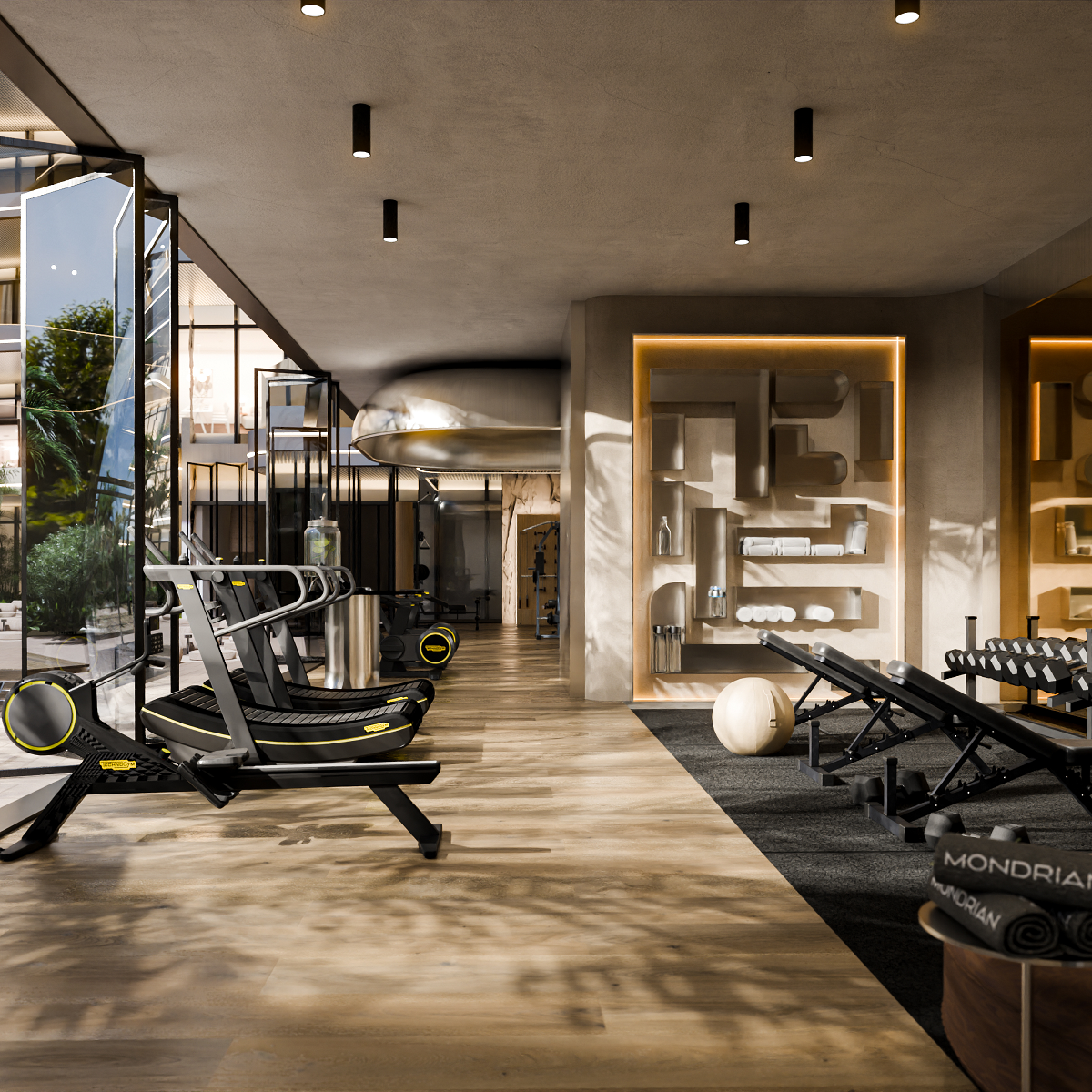 gym with glass doors to outdoor gym space in Mondrian Al Marjan Island Beach Residences