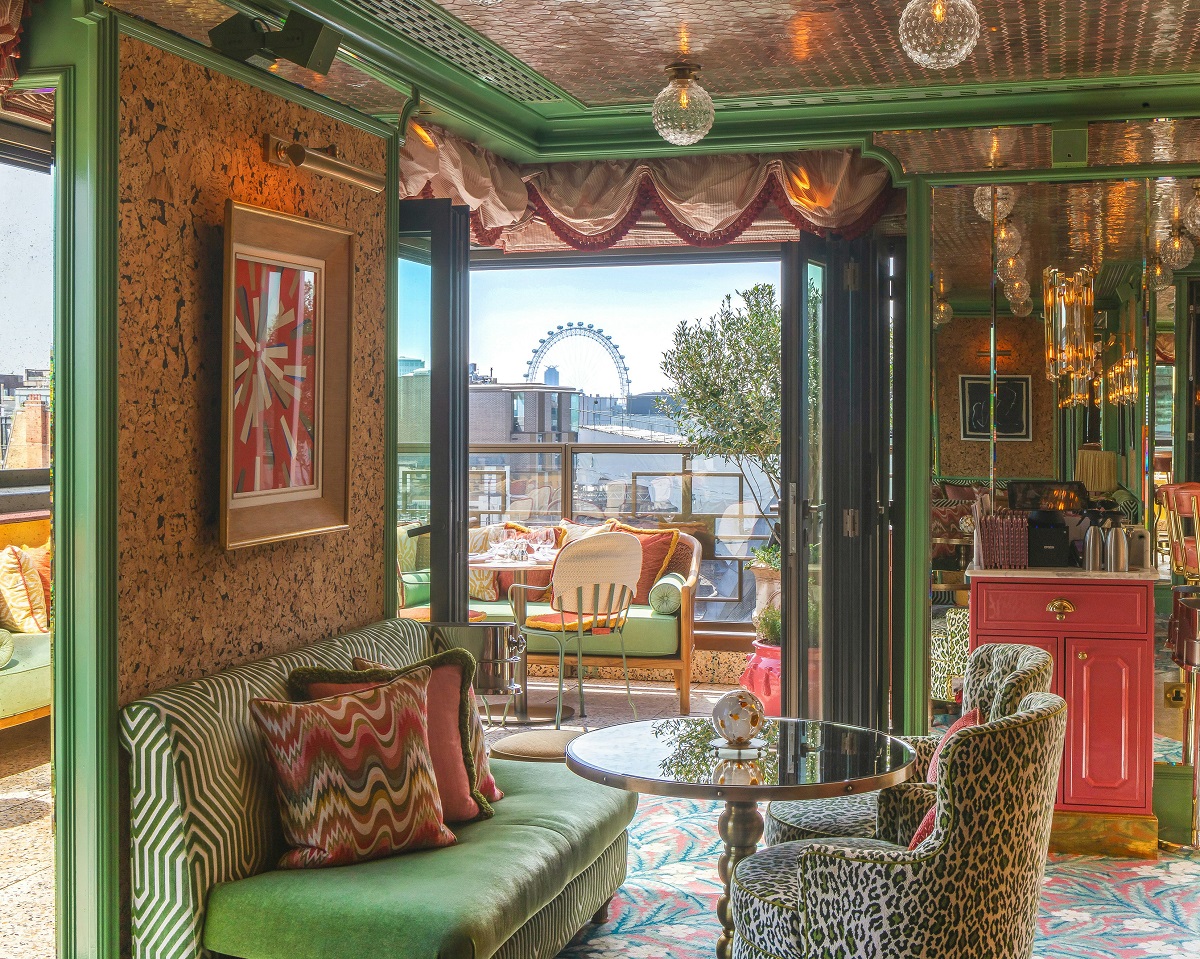 green and pink florals and patterns in rooftop bar in Broadwick Soho