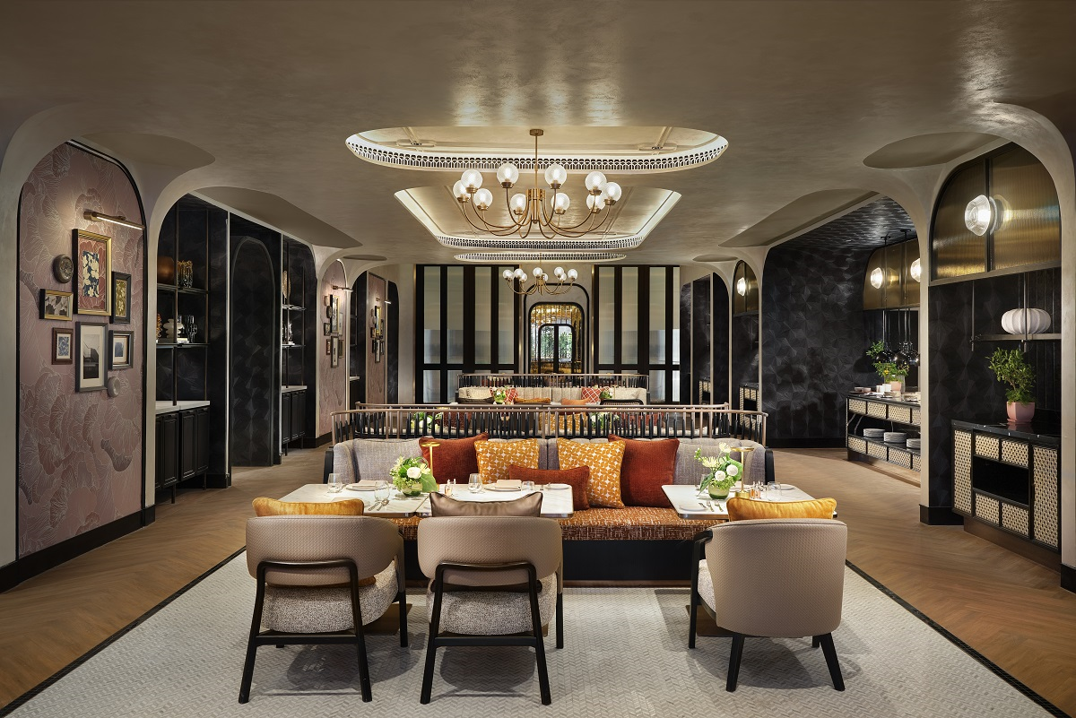 view from seating area into Harpers restaurant in Fairmont Bangkok