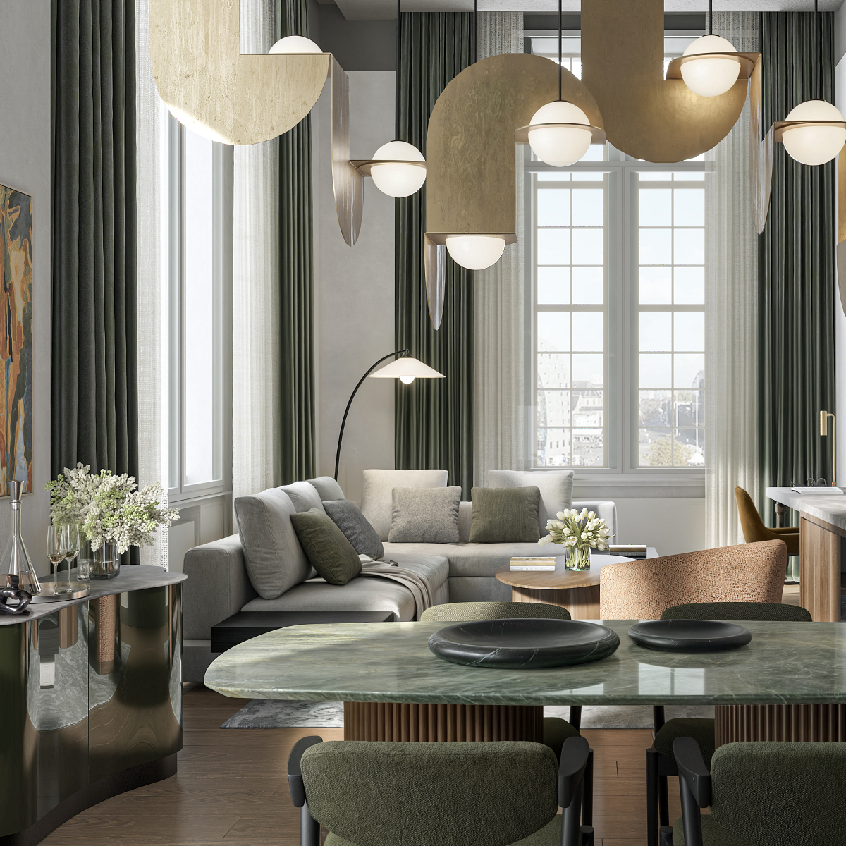 hotel guest suite with statement lighting supended above dining and seating area