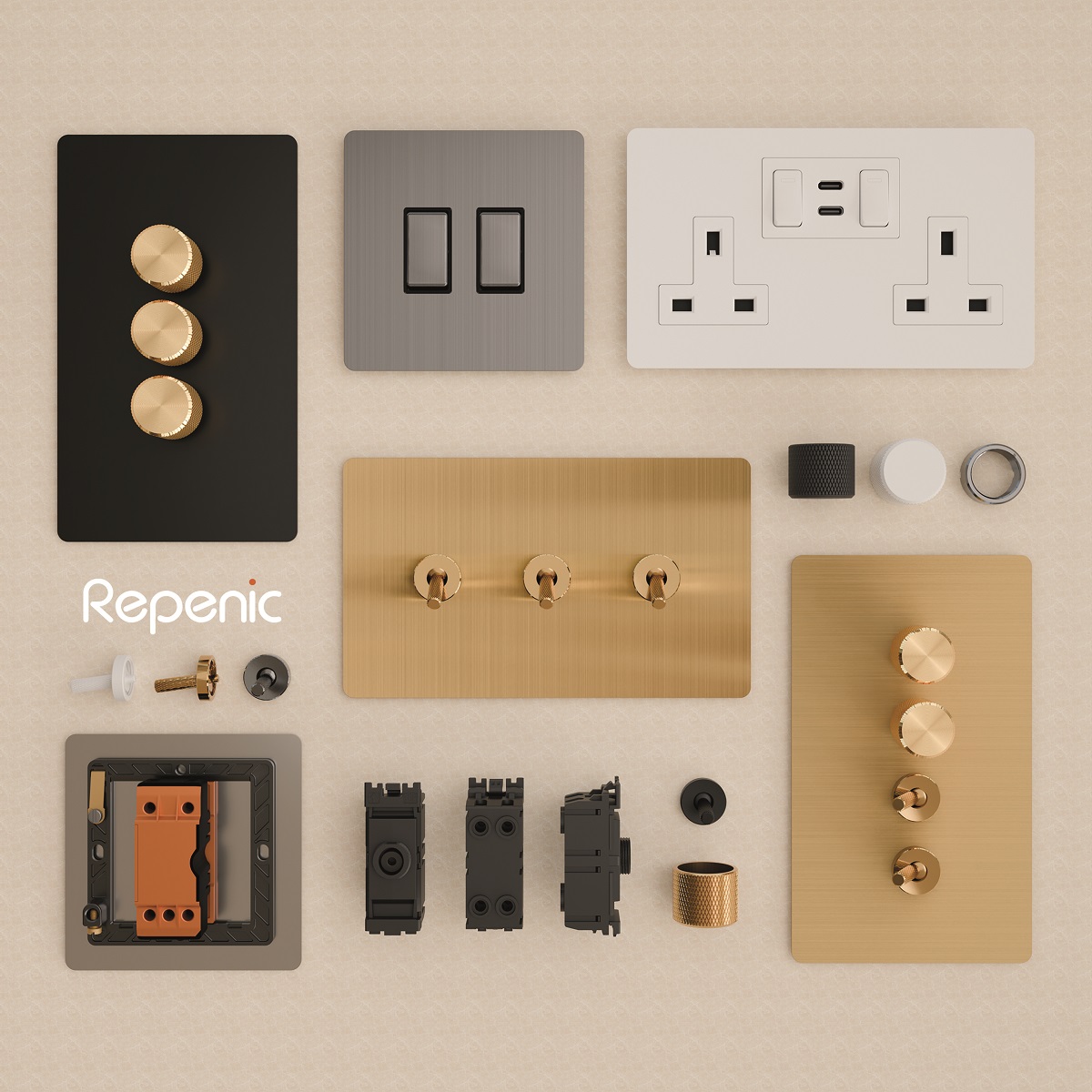 flat lay of a selction of elctrical controls and switches for hotel rooms