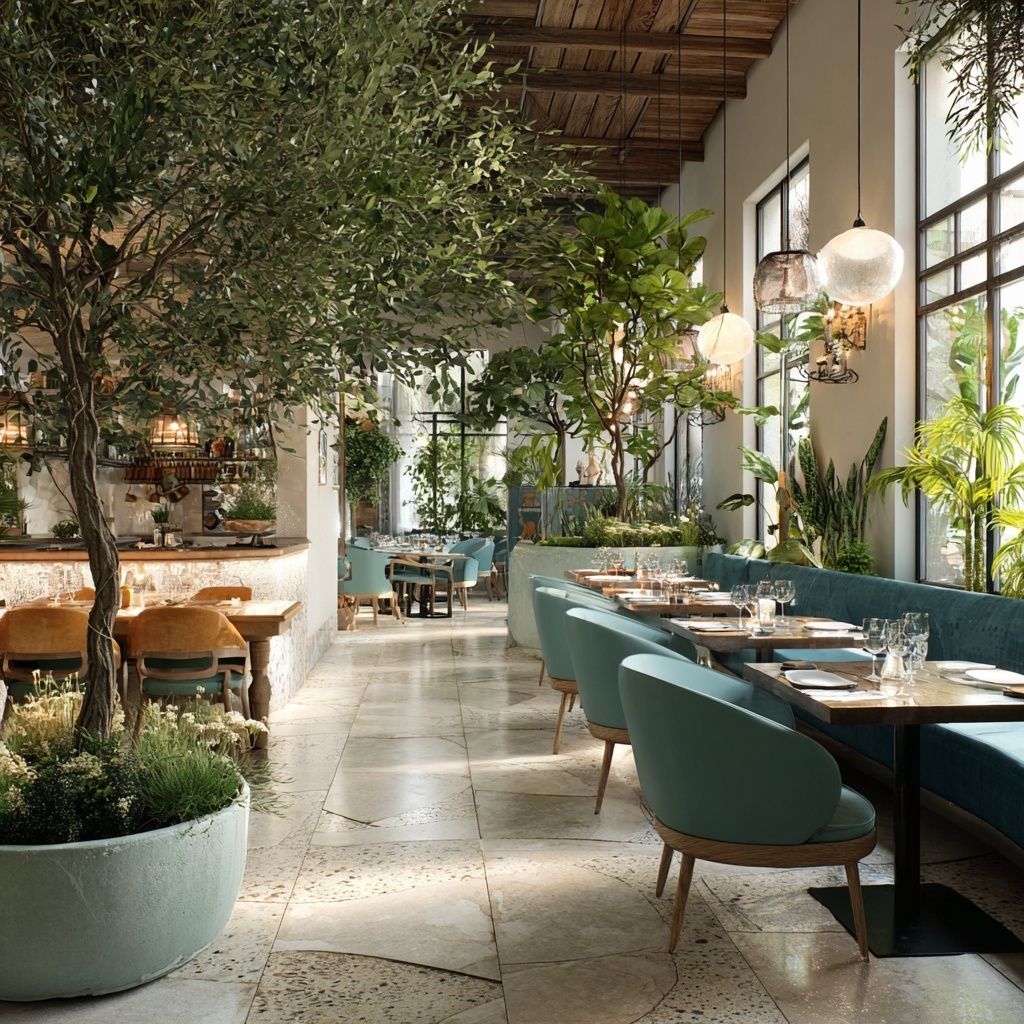 hotel lobby and restaurant with trees and sunlight
